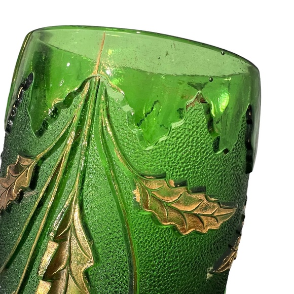 2 VINTAGE EARLY AMERICAN PATTERN GLASS DELAWARE EMERALD GREEN & GOLD VASES - Picture 11 of 16